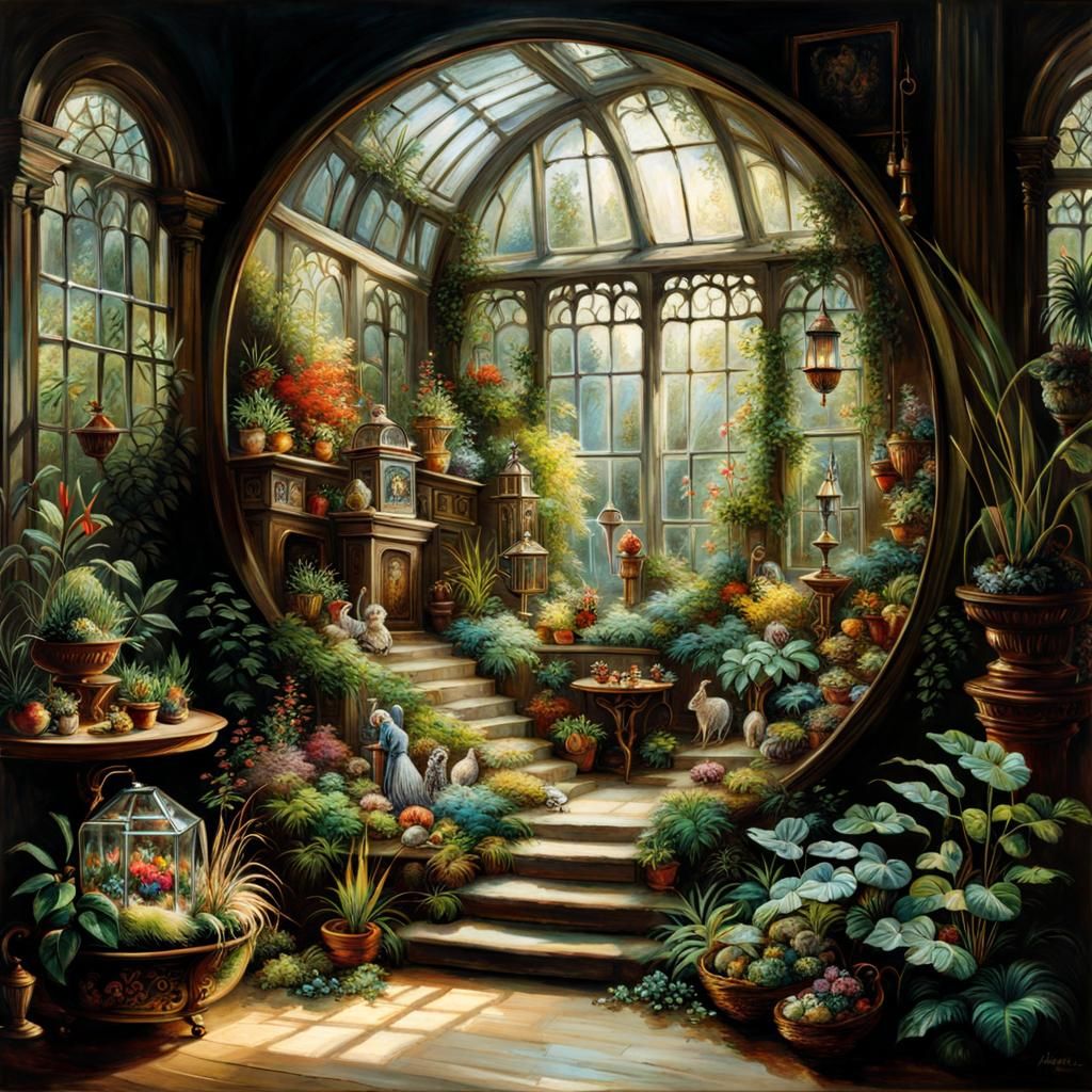 Detailed Terrarium Scene in Golden Age Illustration Style