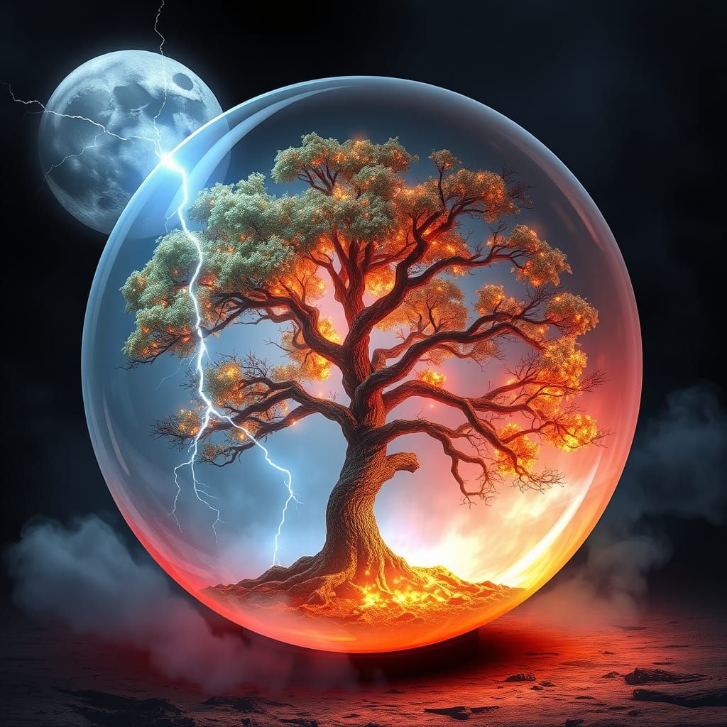Glowing Tree Enshrouded in Crystal Ball Amidst Electric Stor...