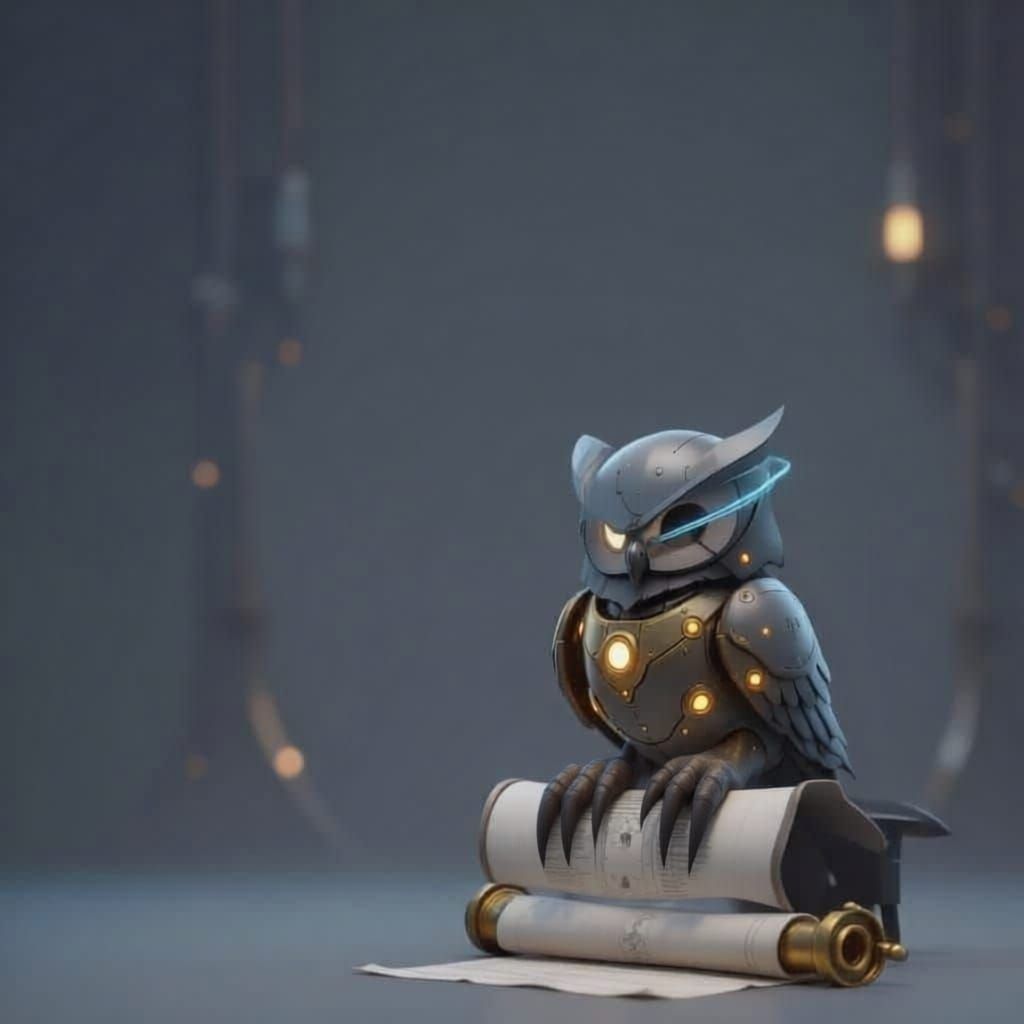 Herald Bot: Regal Mechanical Owl in Minimalist Digital Art