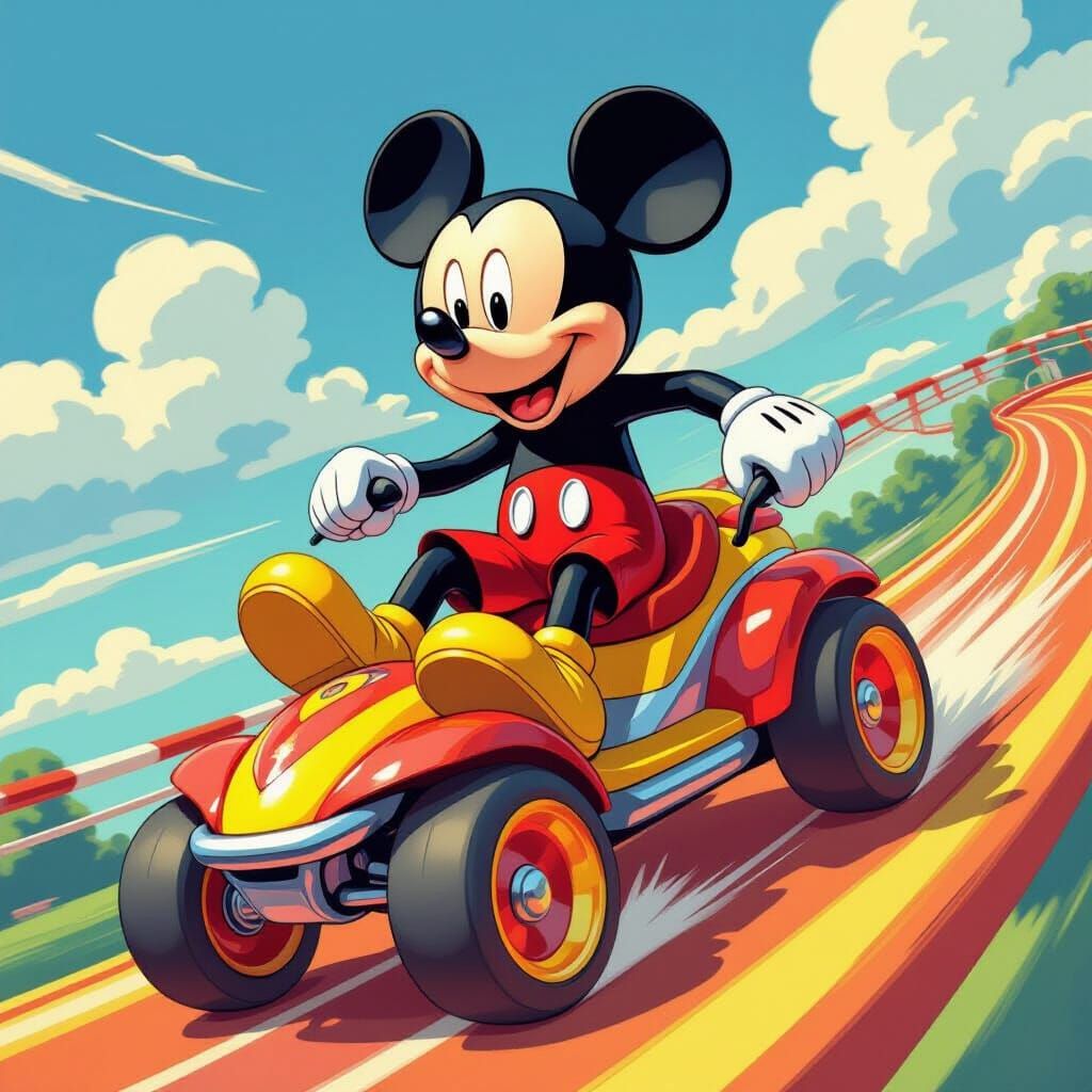 Mickey Mouse Rides a Roller in Vibrant Cartoon Style