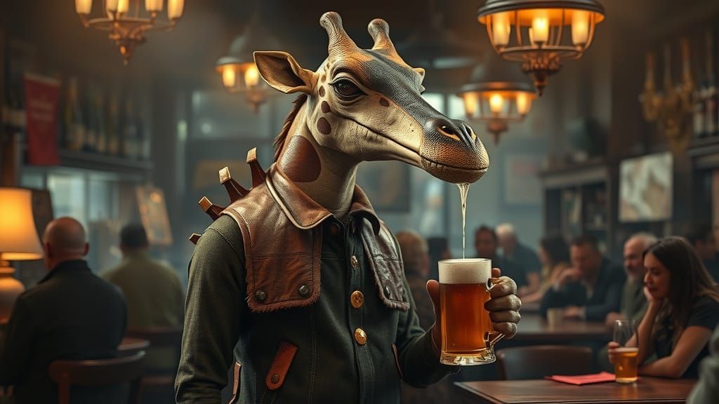 Giraffe Crocodile Hybrid Sips Beer in Atmospheric Bar