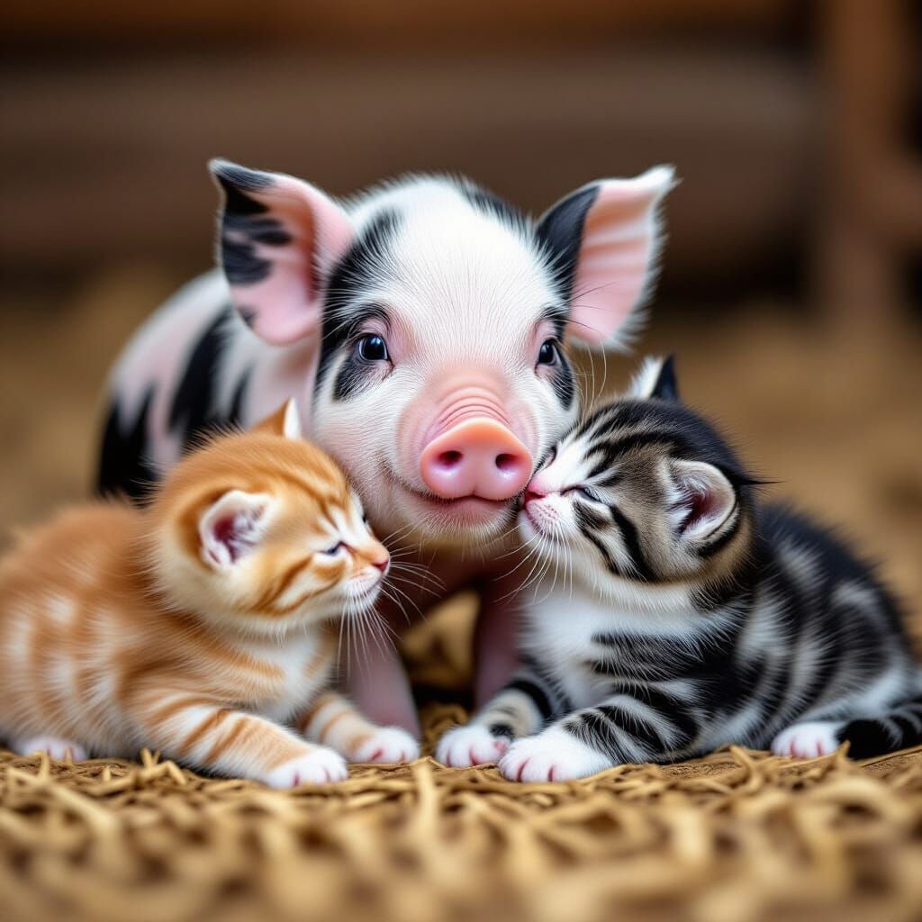 Piglet and Kittens Play Together