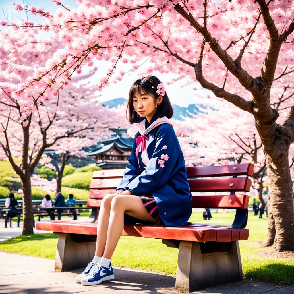 Girl Beneath Cherry Blossoms in Spring