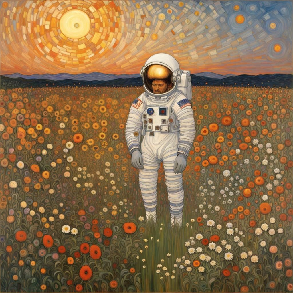 Astronaut in Flower Field, Klimt-Inspired Art
