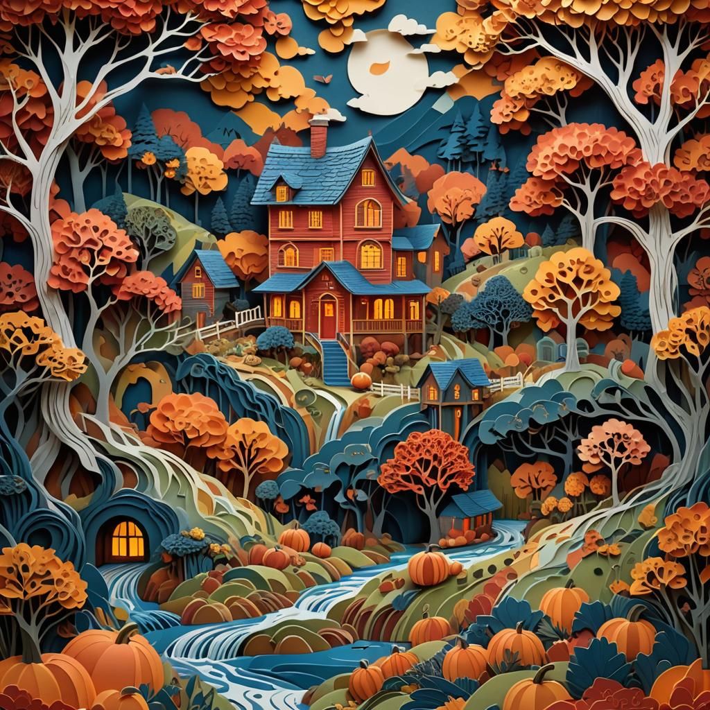 Autumnal House in Paper Cut Surrealism Style