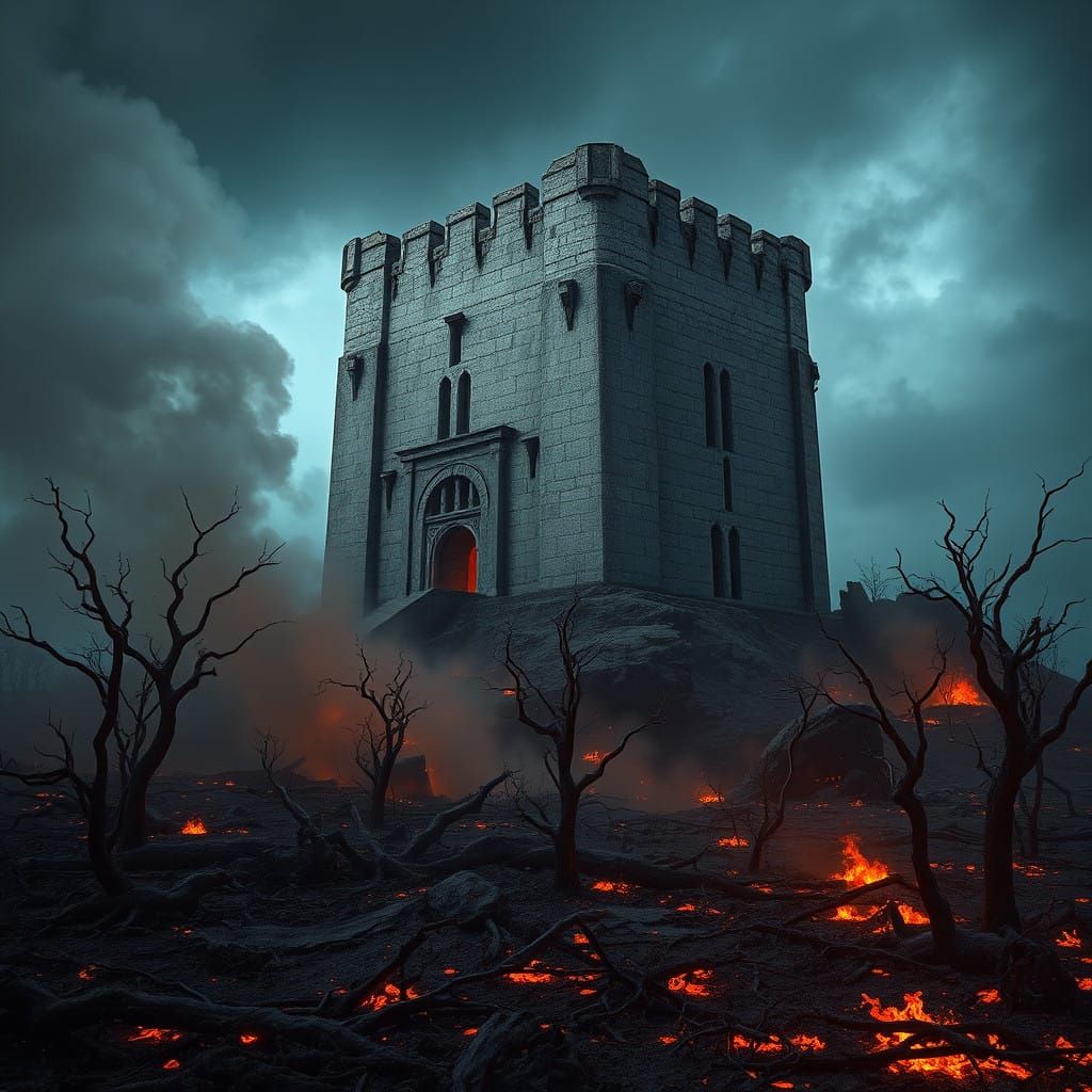 Colossal Ancient Donjon in Smoldering Landscape