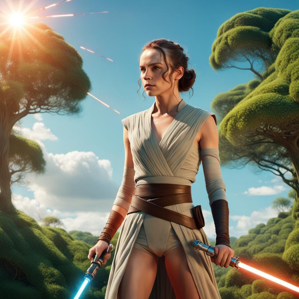 Rey Skywalker with (long legs), holding a (Luke's lightsaber...