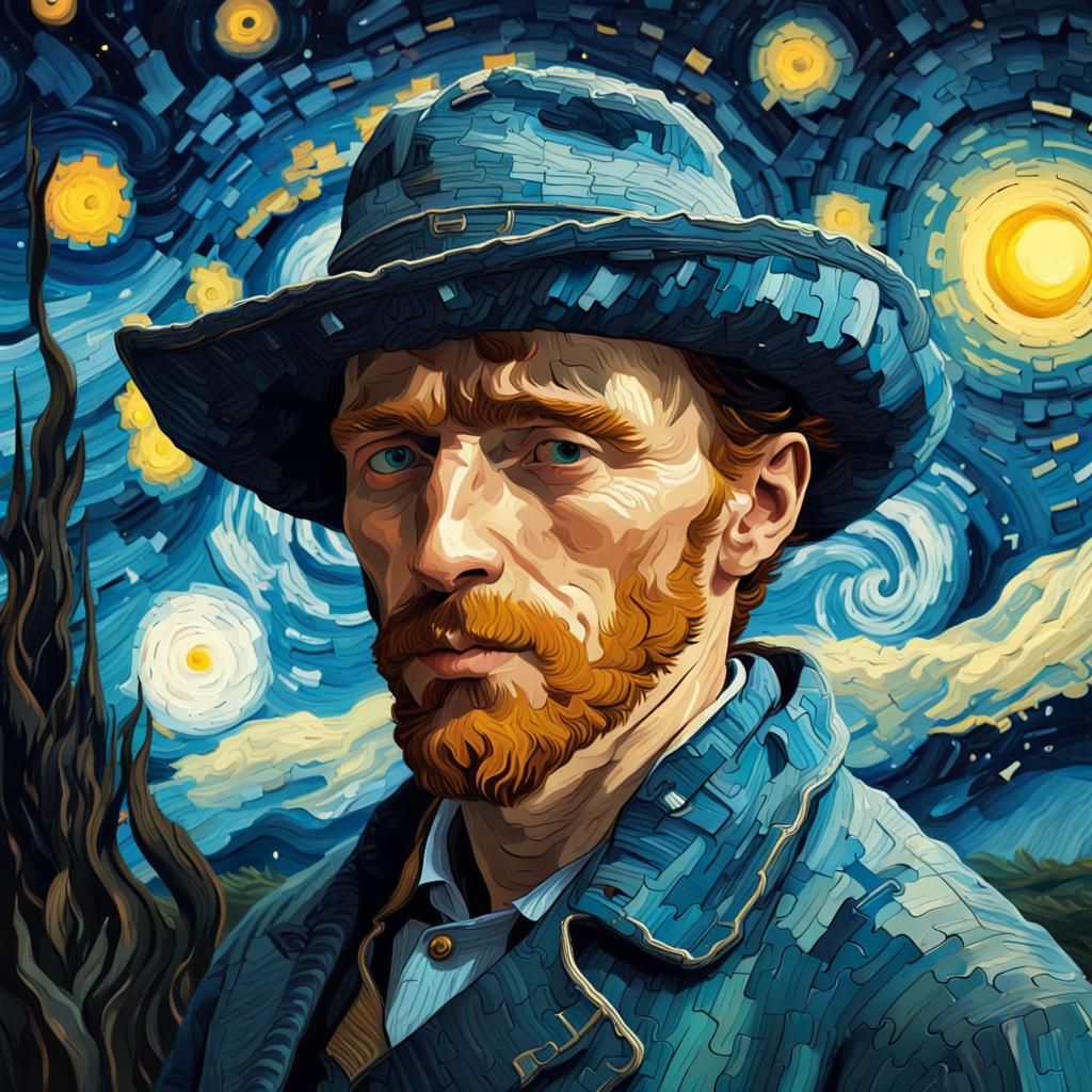 Van Gogh Portrait Made of Puzzles on Starry Night