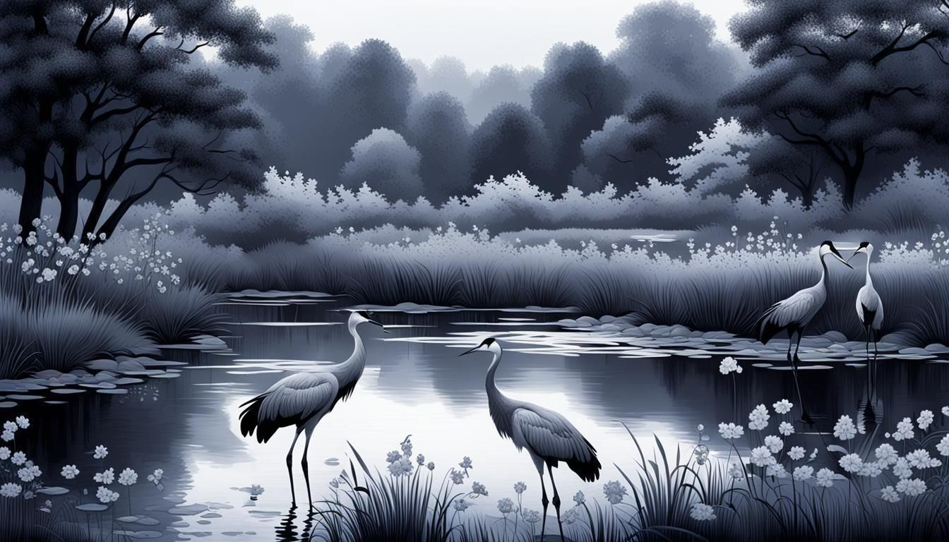 Monochromatic Cranes in Evening Light by Pond