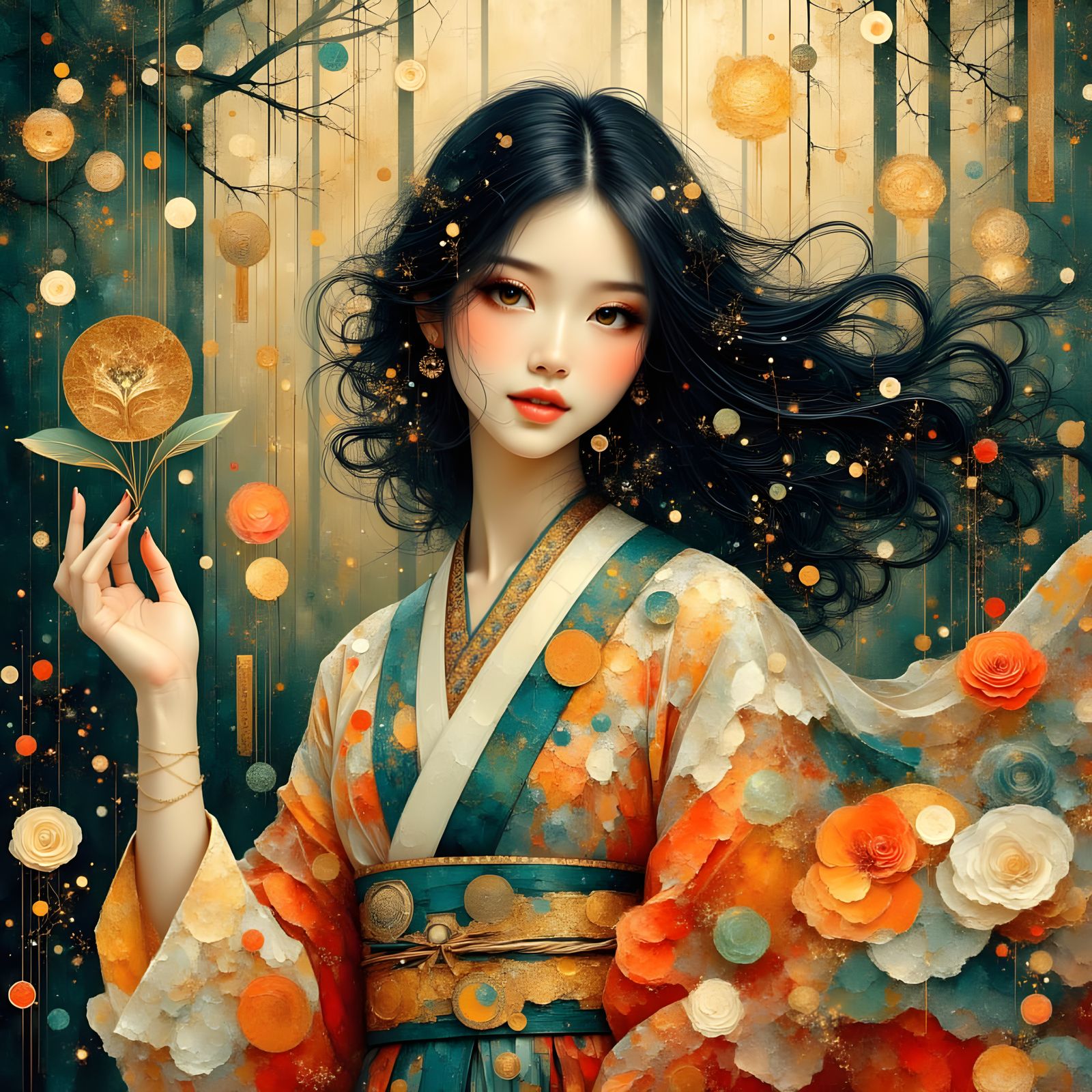 Radiant Korean Goddess Practicing Magic in Minhwa Style