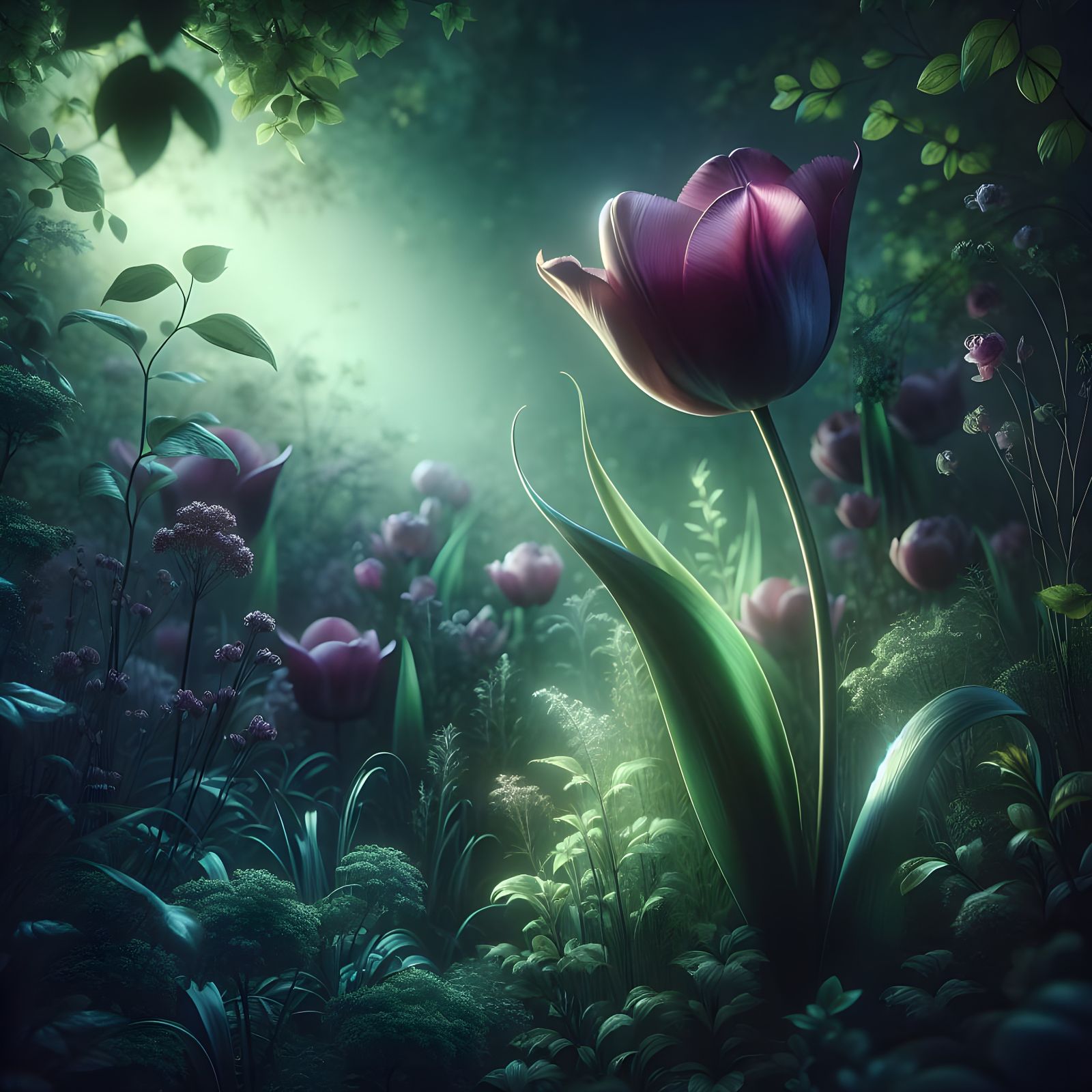 Lush Green Floral Scene with Elegant Purple Tulip