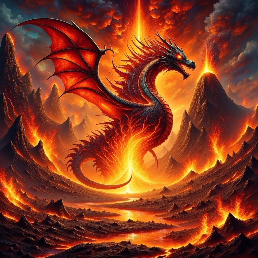 Fiery Dragon Emerges from Erupting Volcano