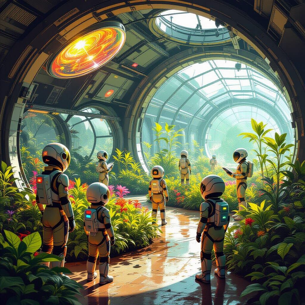 Martian Bio-Dome With Glowing Flora And Human Botanists