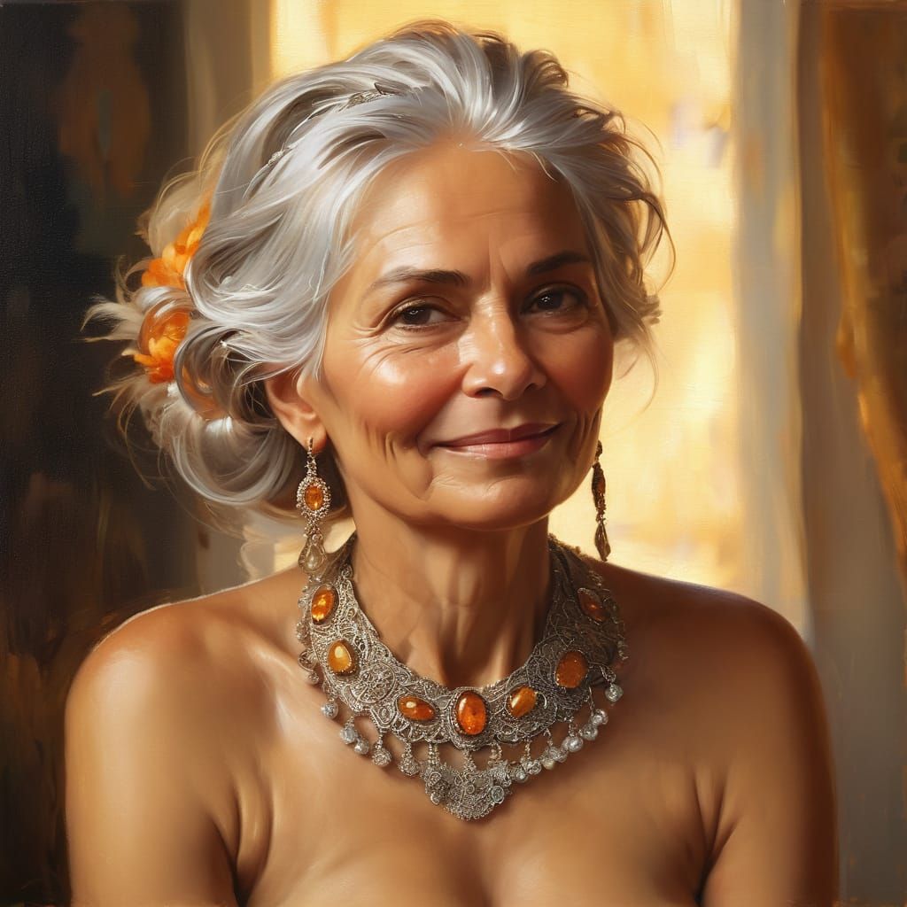 Warm Renaissance Portrait of a 60-Year-Old Woman in Golden H...