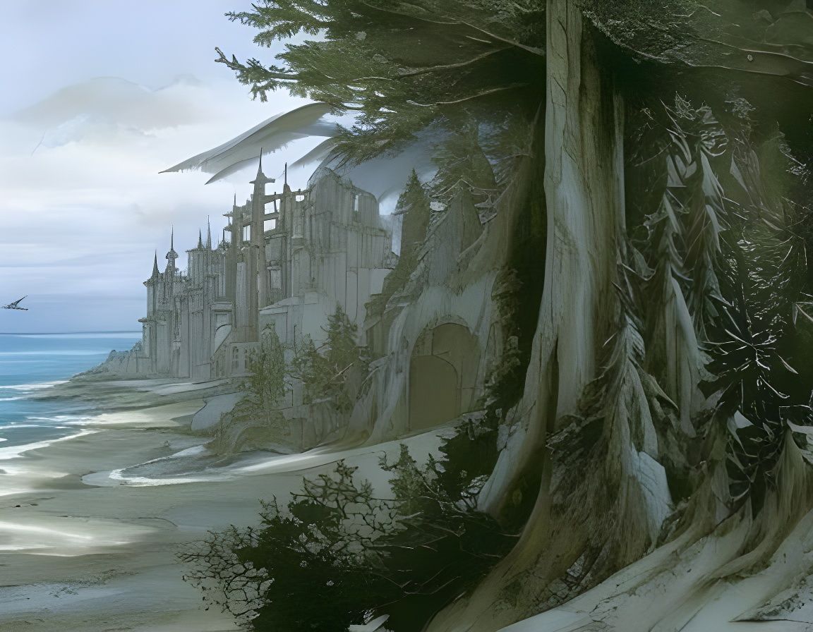 Gothic Coastal City in Ink Drawing Style