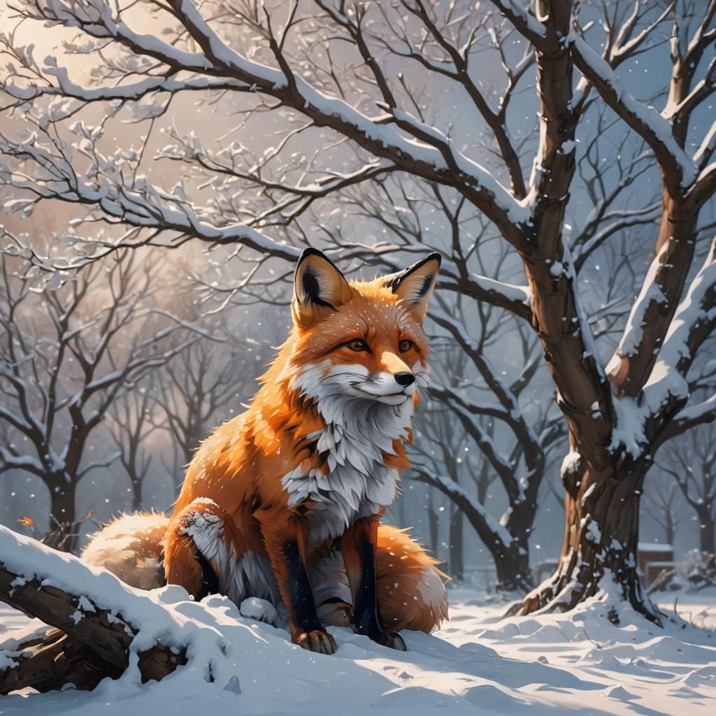 Anime Fox in Snowy Winter Scene