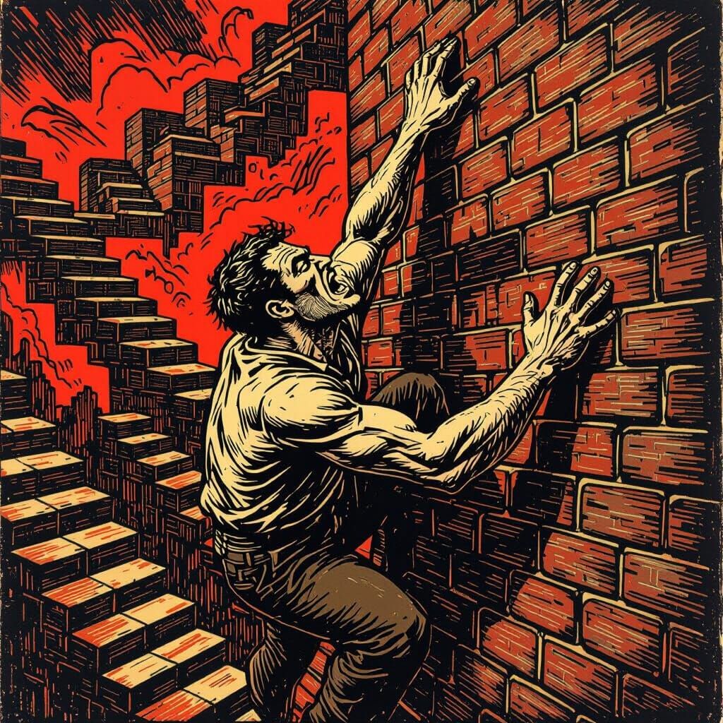 Man Climbing Wall in Rage as Escher Landscape