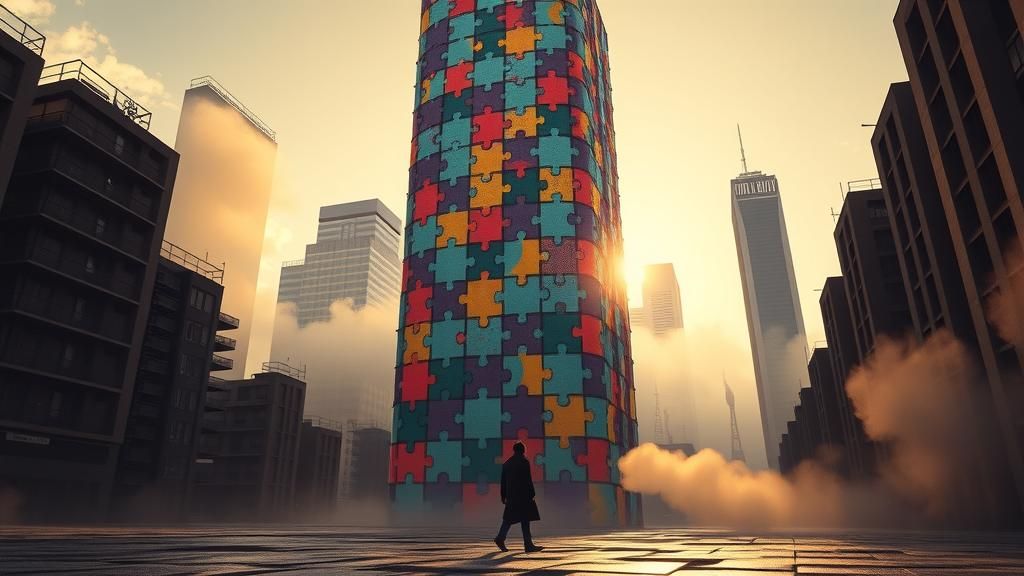 Surreal Puzzle Skyscraper in Dreamlike Cityscape