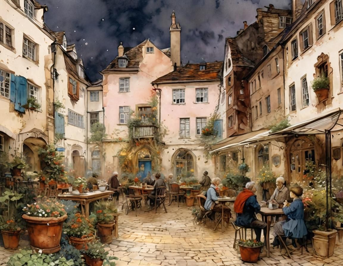 German Courtyard Scene in Golden Age Illustration Style