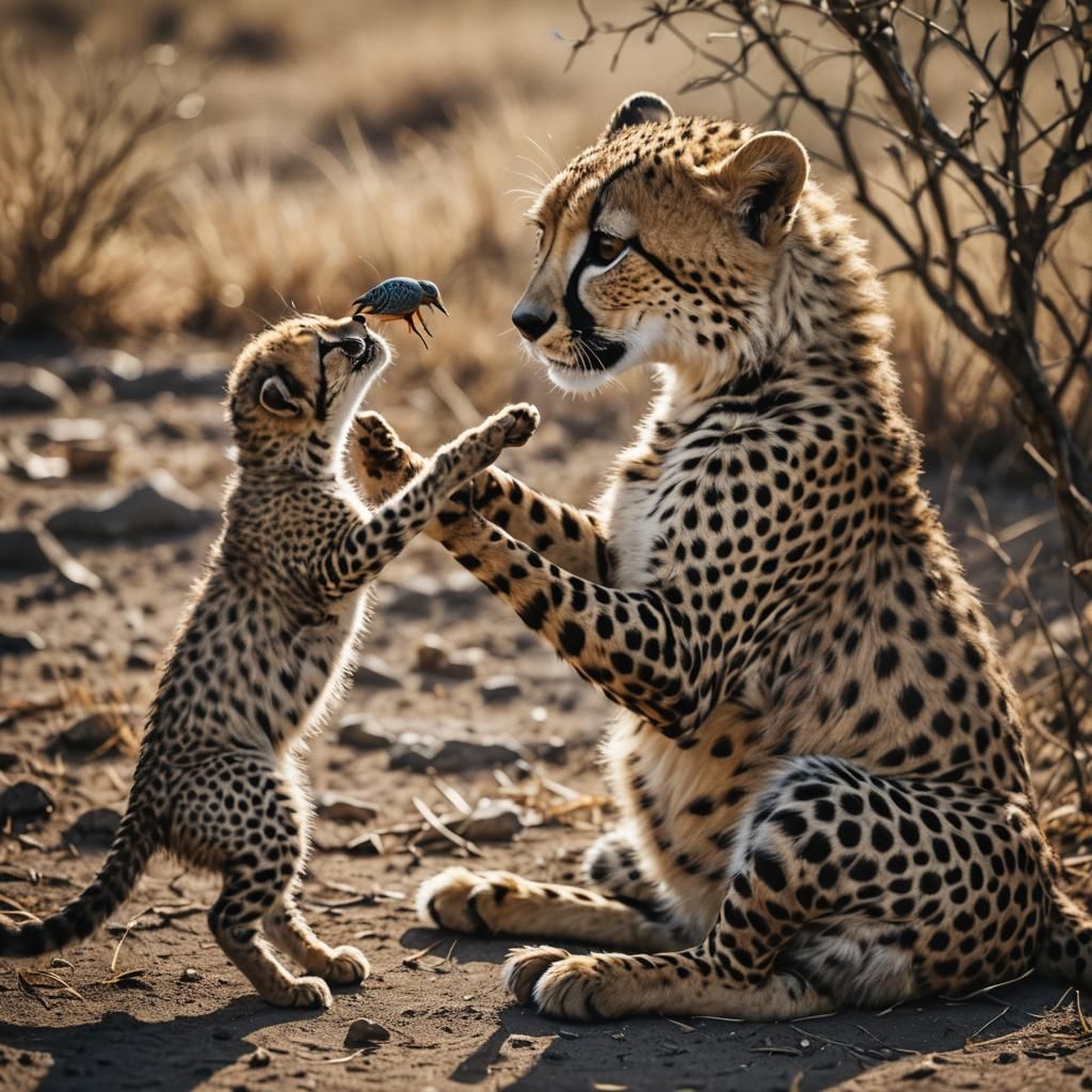 Cheetah Cub's First Encounter: A Cinematic Still