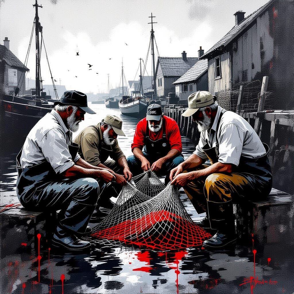 Fishermen Mending Nets in Village, Stencil Art Style
