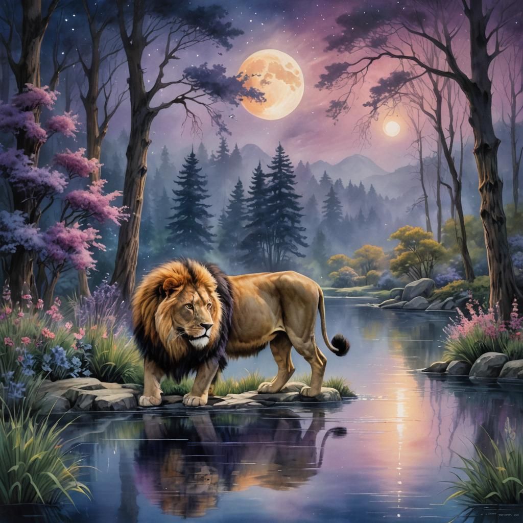 Majestic Lion in Ethereal Watercolor Landscape