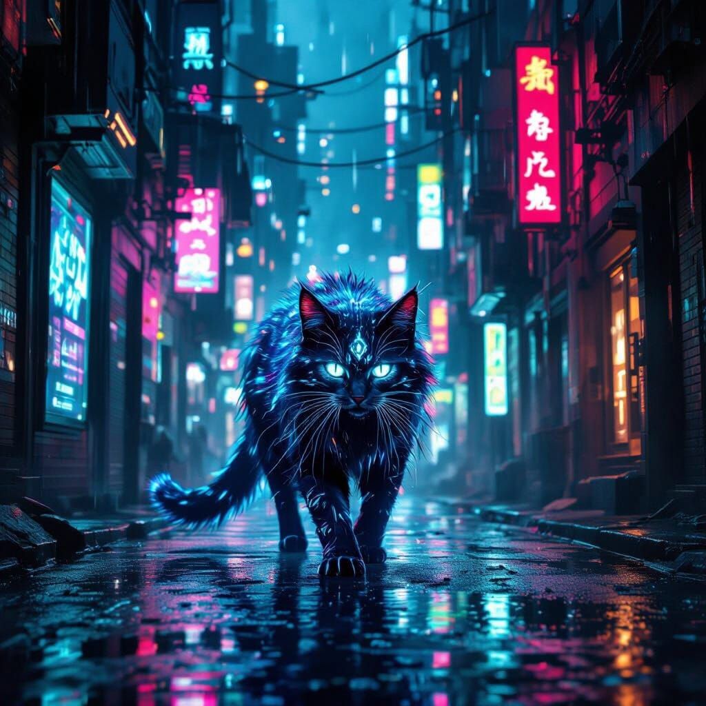Bioluminescent Cat Creature in Neon Cyberpunk Alleyway