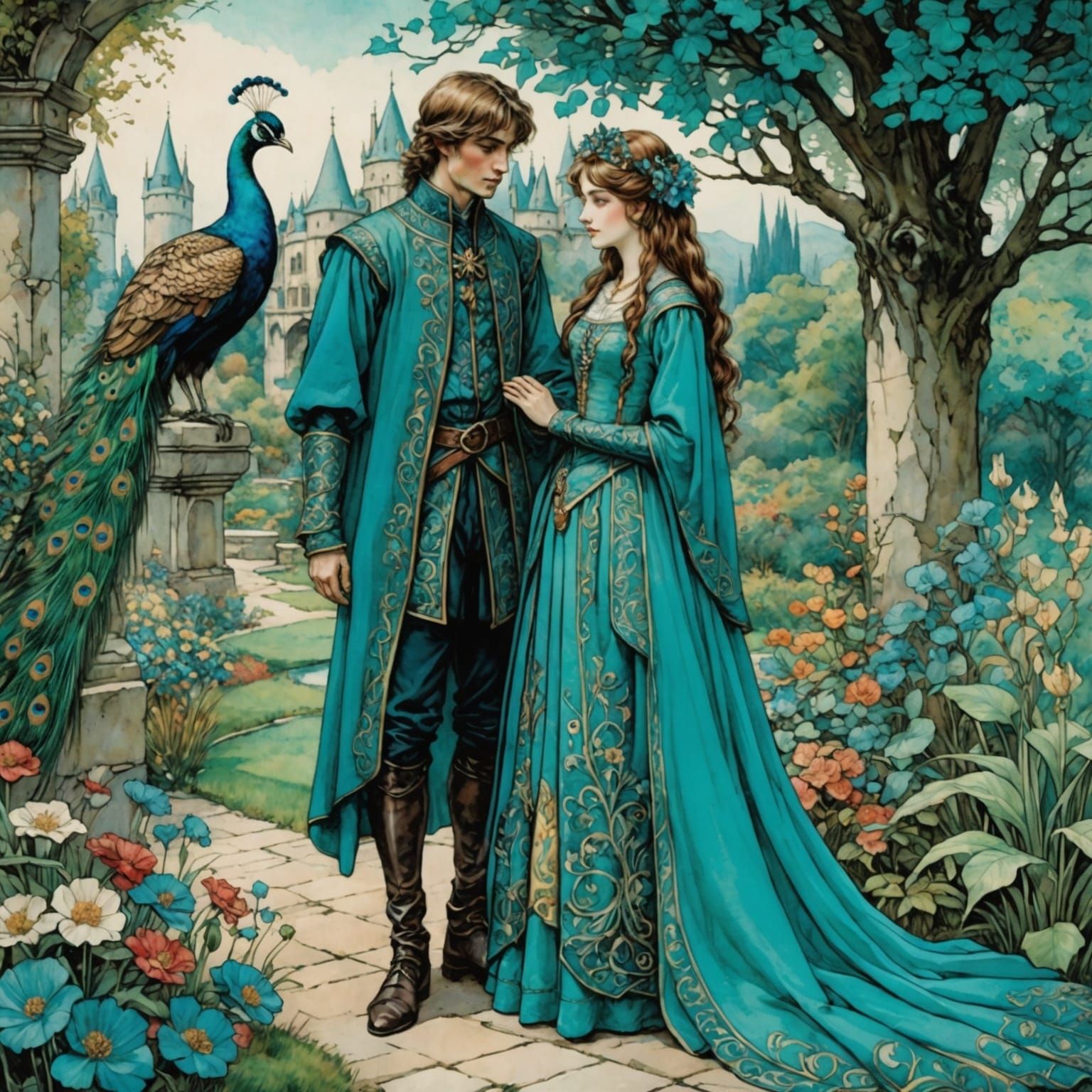 Medieval Lovers in Turquoise Garden, Anime Style