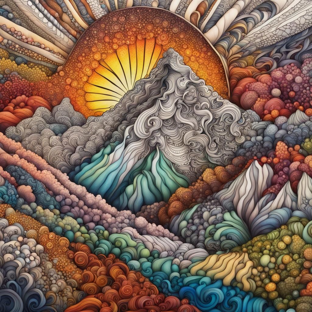 Detailed Zentangle Mountain in Splash Art Style