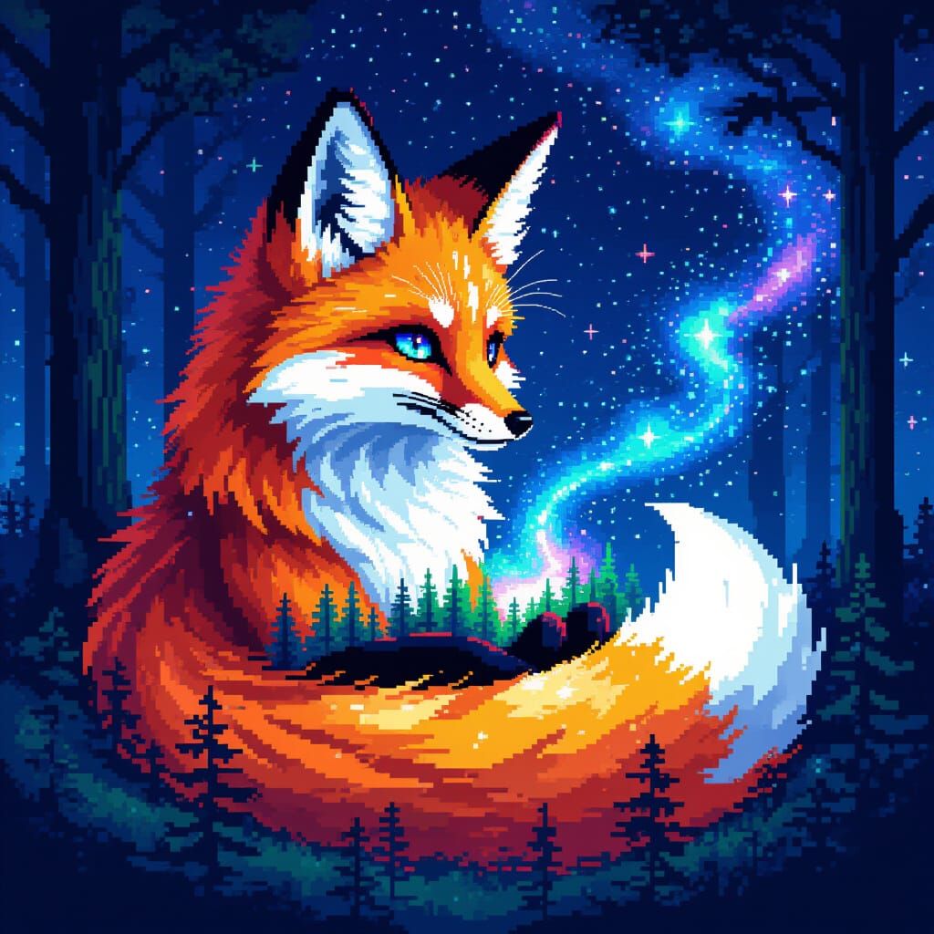 Celestial Fox Spirit with Pixelated Forest in Pixel Art