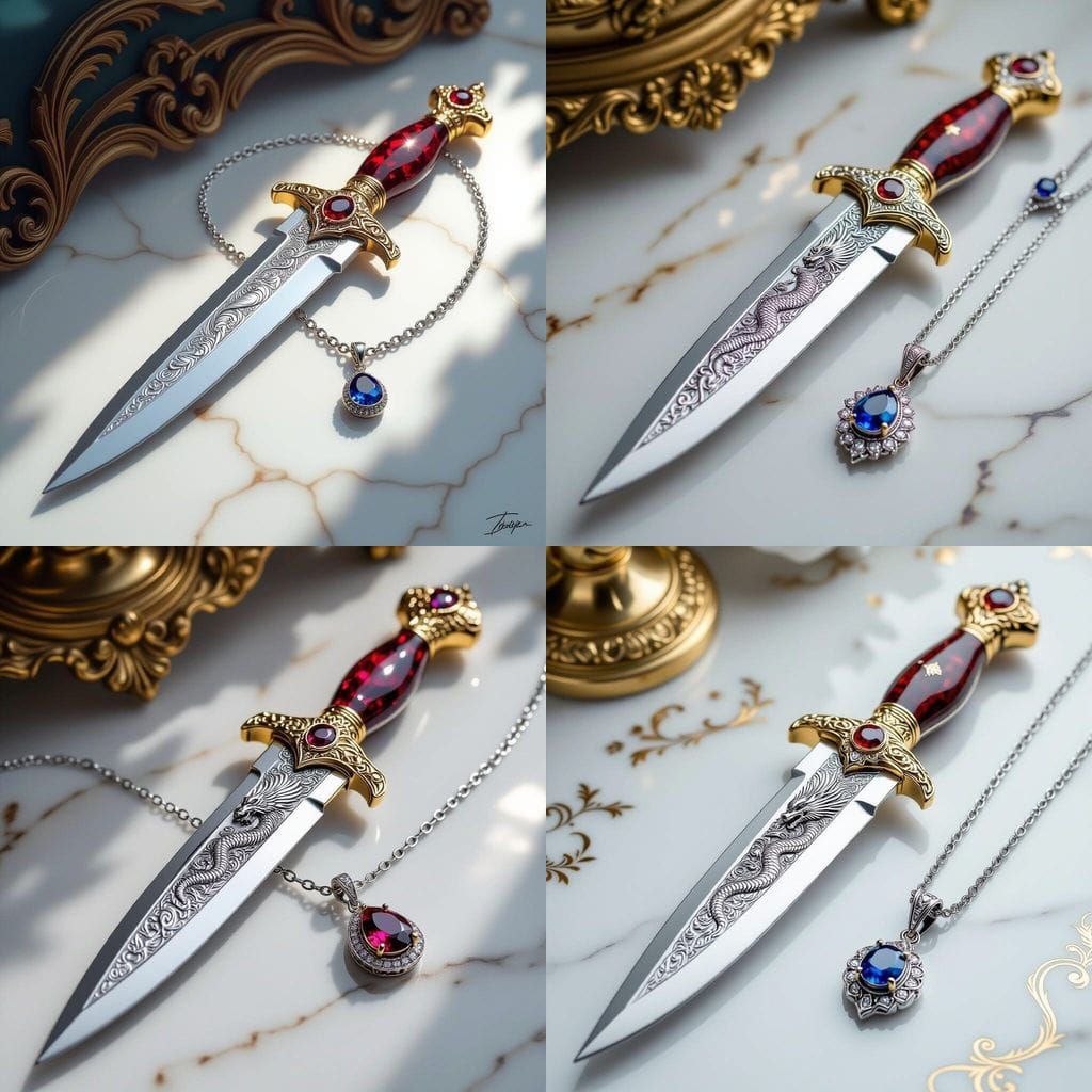 Engraved Silver Dagger with Gold Hilt and Ruby Pommel
