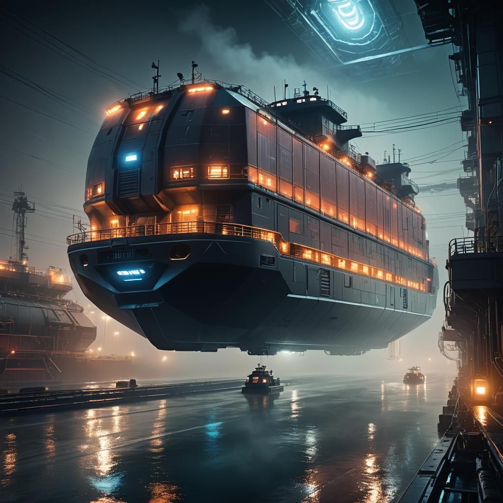 Hydrogen Freight Ship in Futuristic Digital Painting