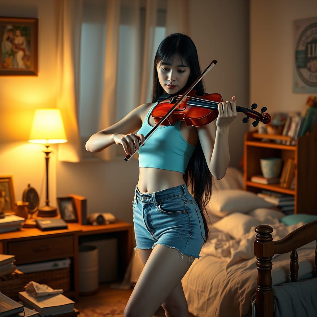 Ethereal Asian Woman in Cozy Bedroom, Playing Violin in Soft...