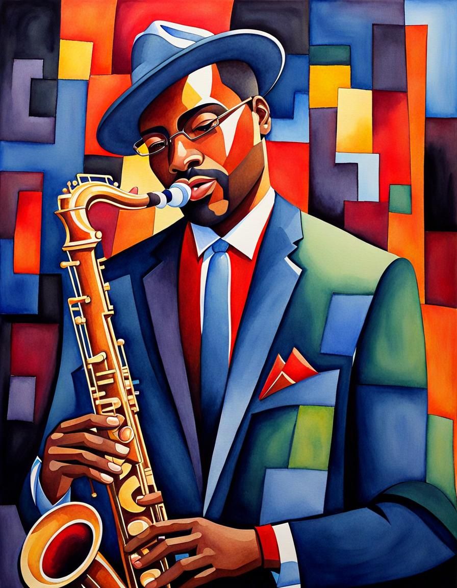 portrait, black man playing jazz,  exciting, fine art, watercolor, Wlad Safronow