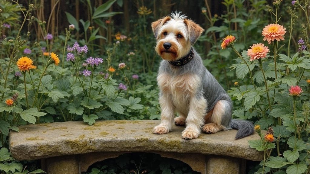 Chrome Terrier in Pre-Raphaelite Garden