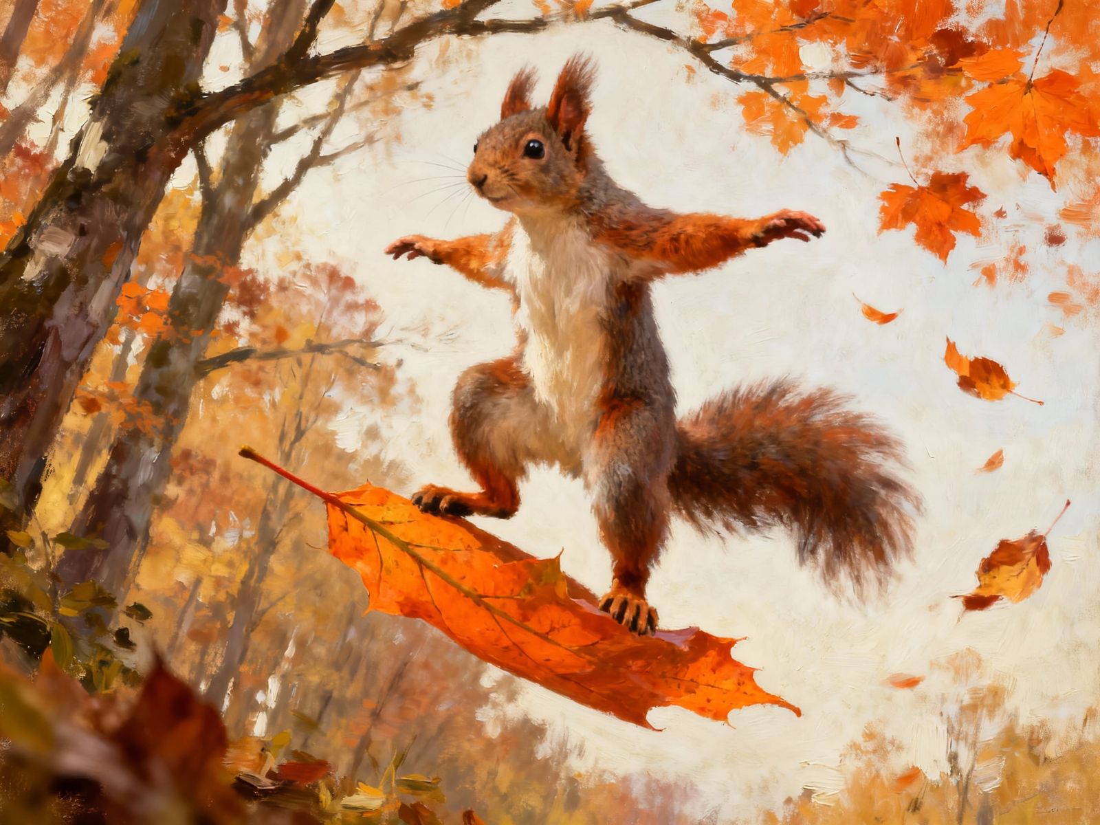 Squirrel Balancing on Falling Leaf in Autumn Forest