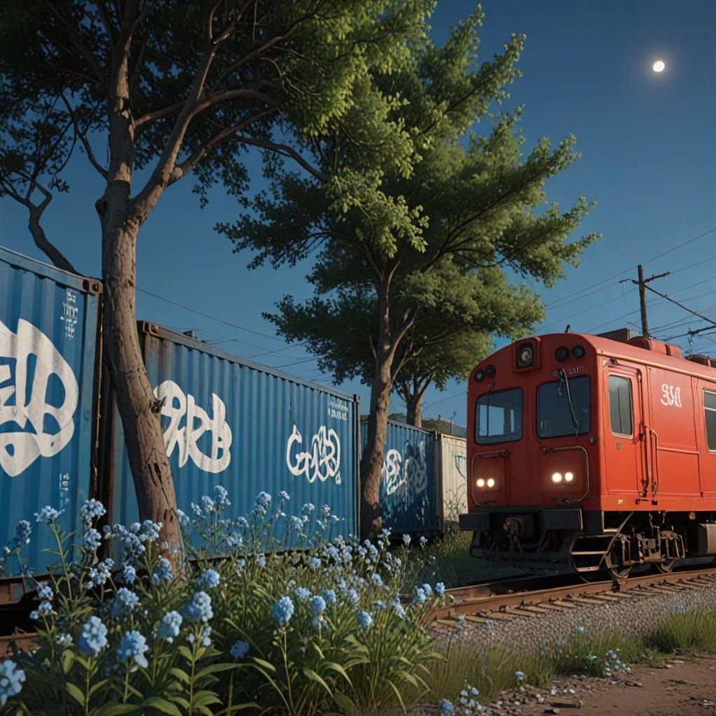 Red Train at Twilight with Blue Graffiti Containers