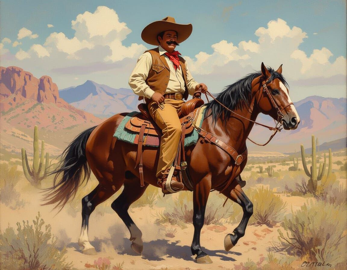 Jolly Vaquero on Buckskin Horse in Desert Landscape