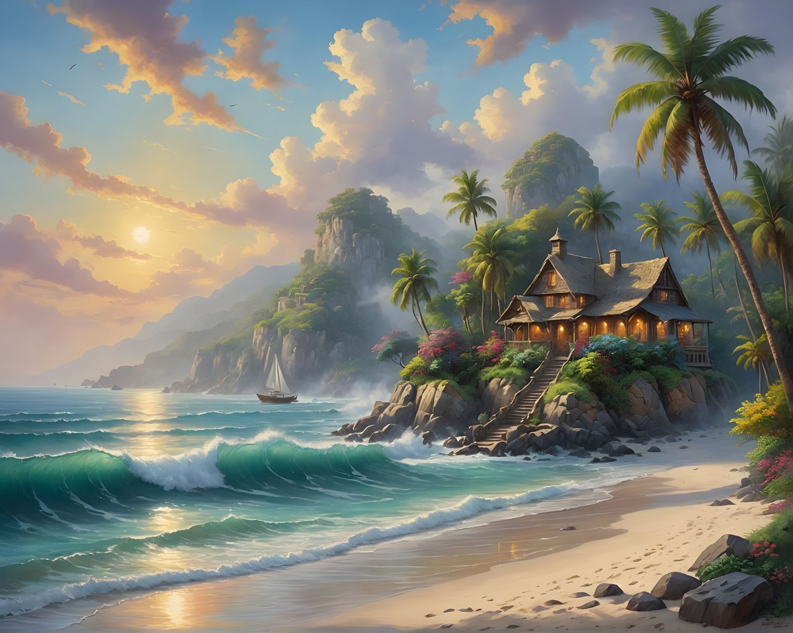 Ethereal Tropical Beach in Oil Painting Style