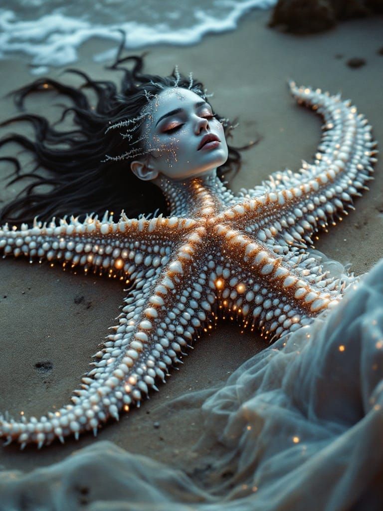 Hyper-Realistic Woman-Starfish Chimaera in Eerie Beachscape