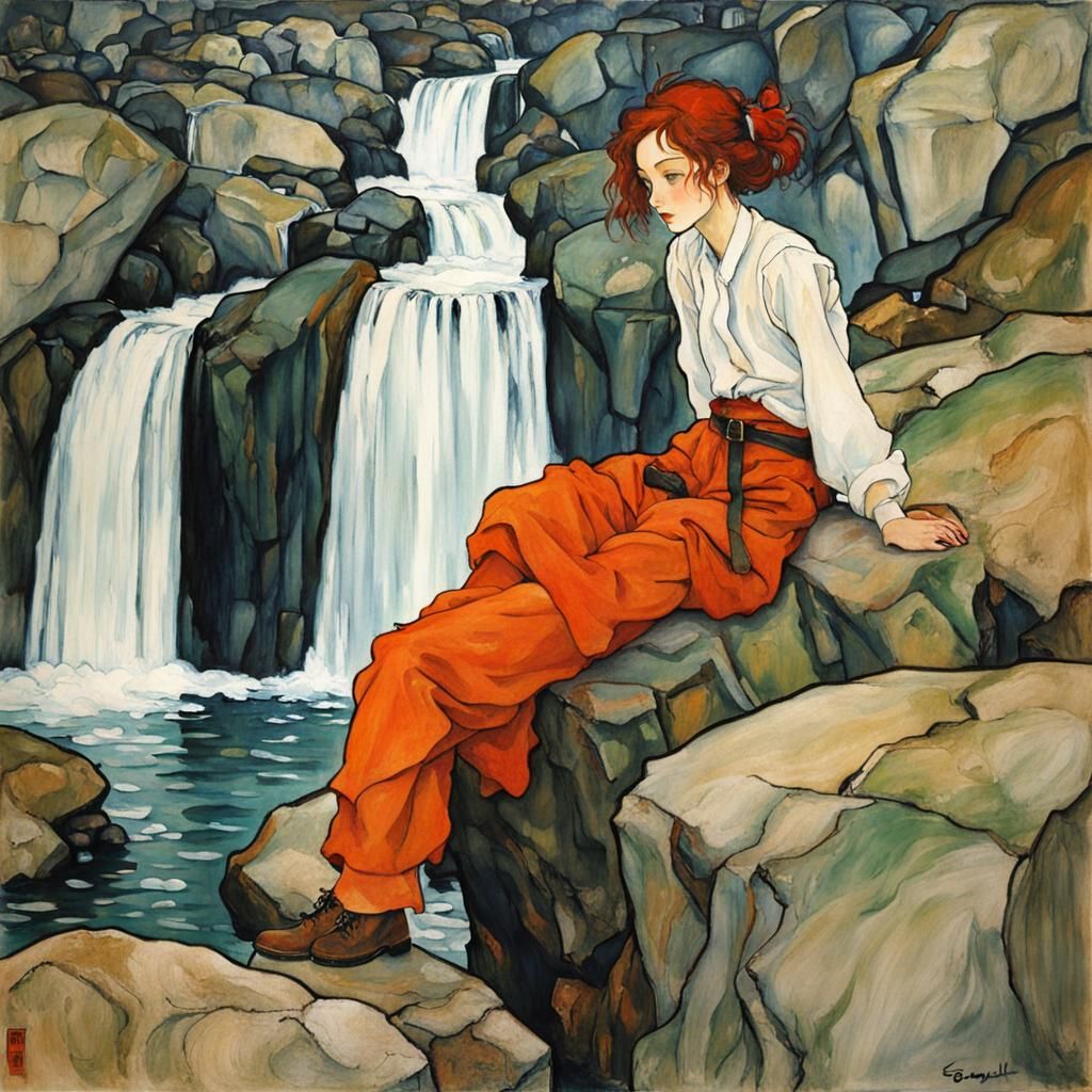 Egon Schiele Inspired Woman by Waterfall Oil Painting