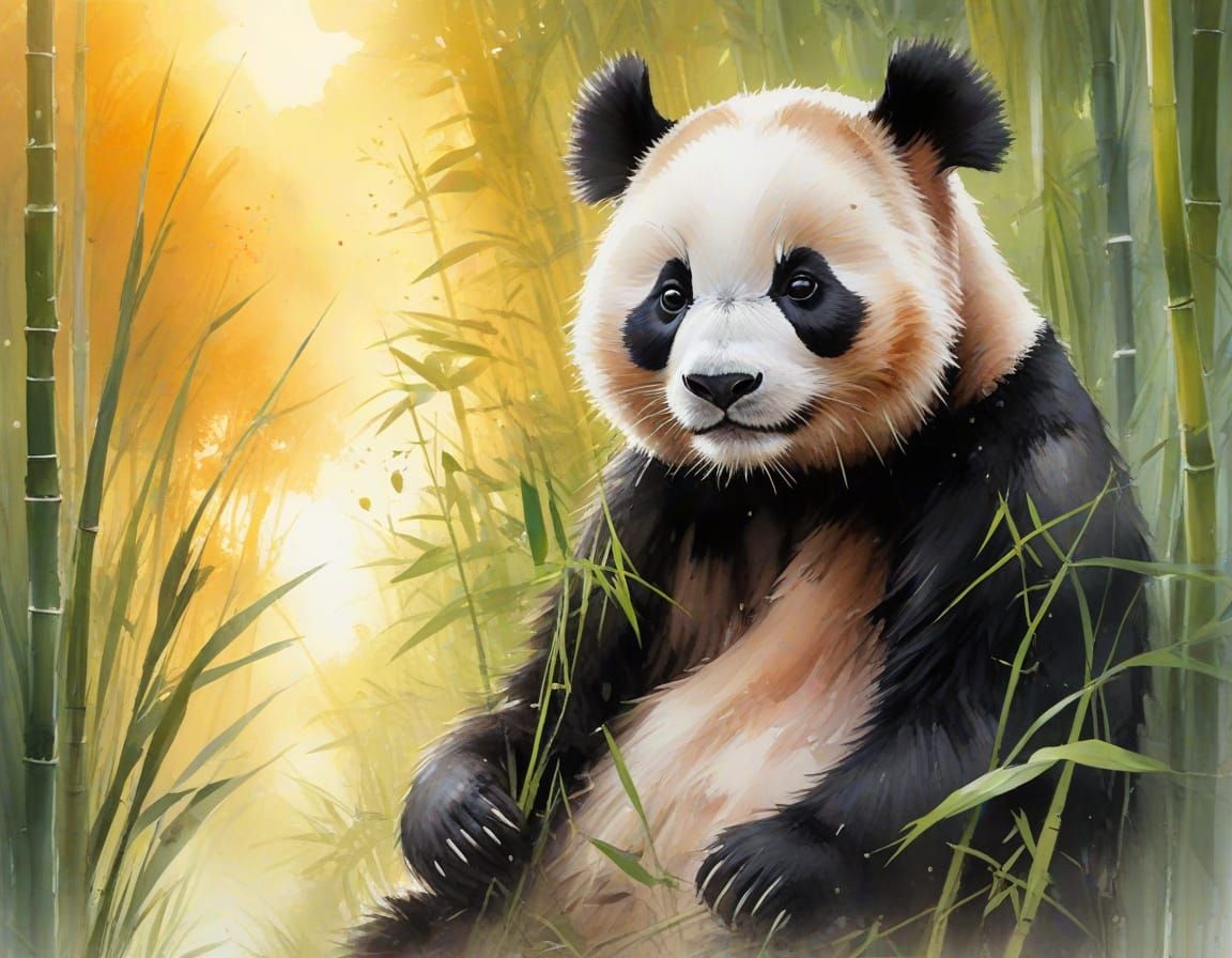 Panda in Summer Bamboo Grove, Watercolor Style