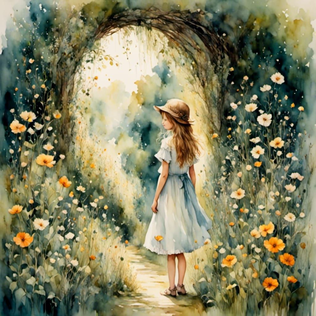 Girl in Secret Garden in Watercolor Style