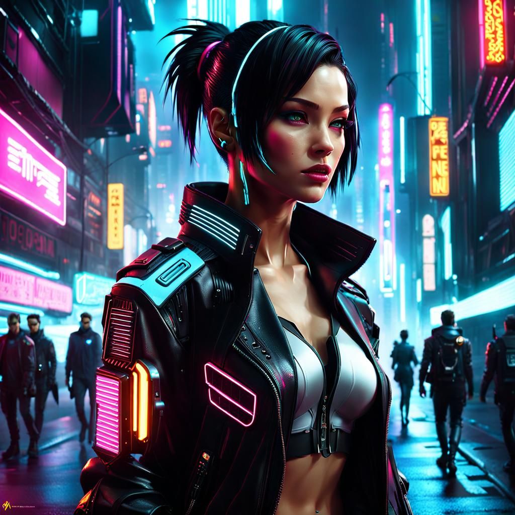 Beautiful Cyberpunk Woman in Neon Cityscape