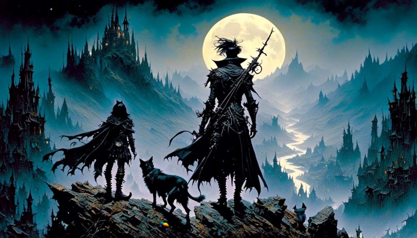 Creature Climbs Mountain Under Moon as Impasto Painting