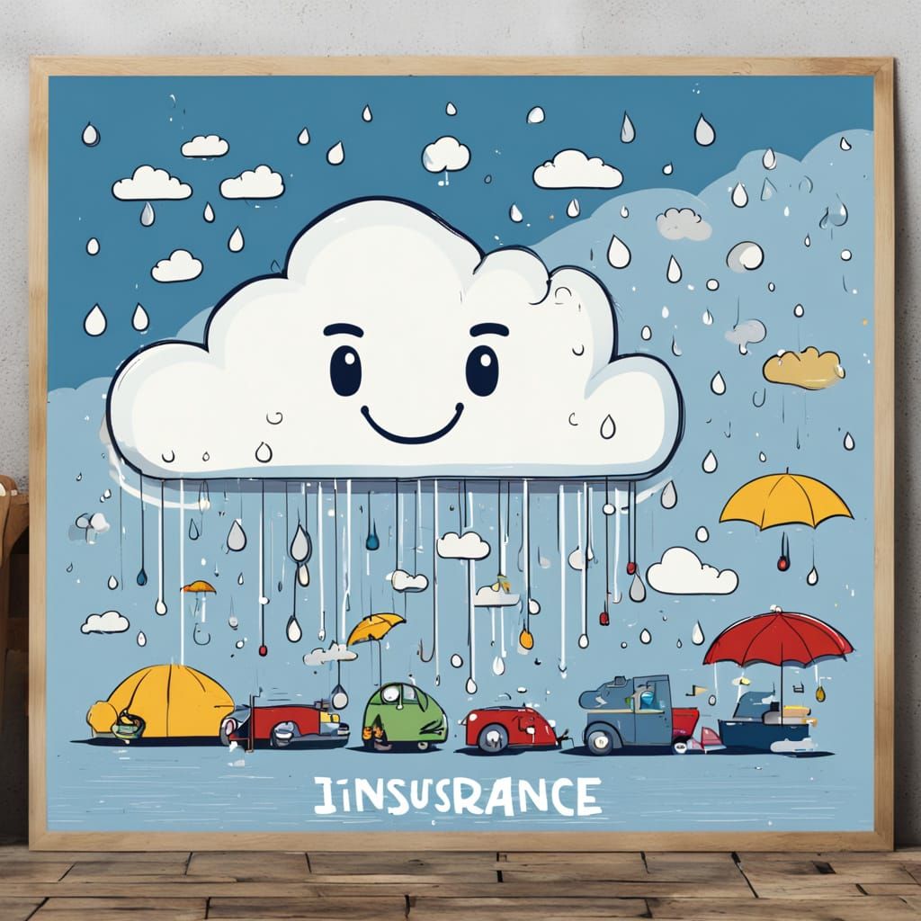 A massive "Cloud Insurance - Because Sky Happens" sign with cartoon raindrops