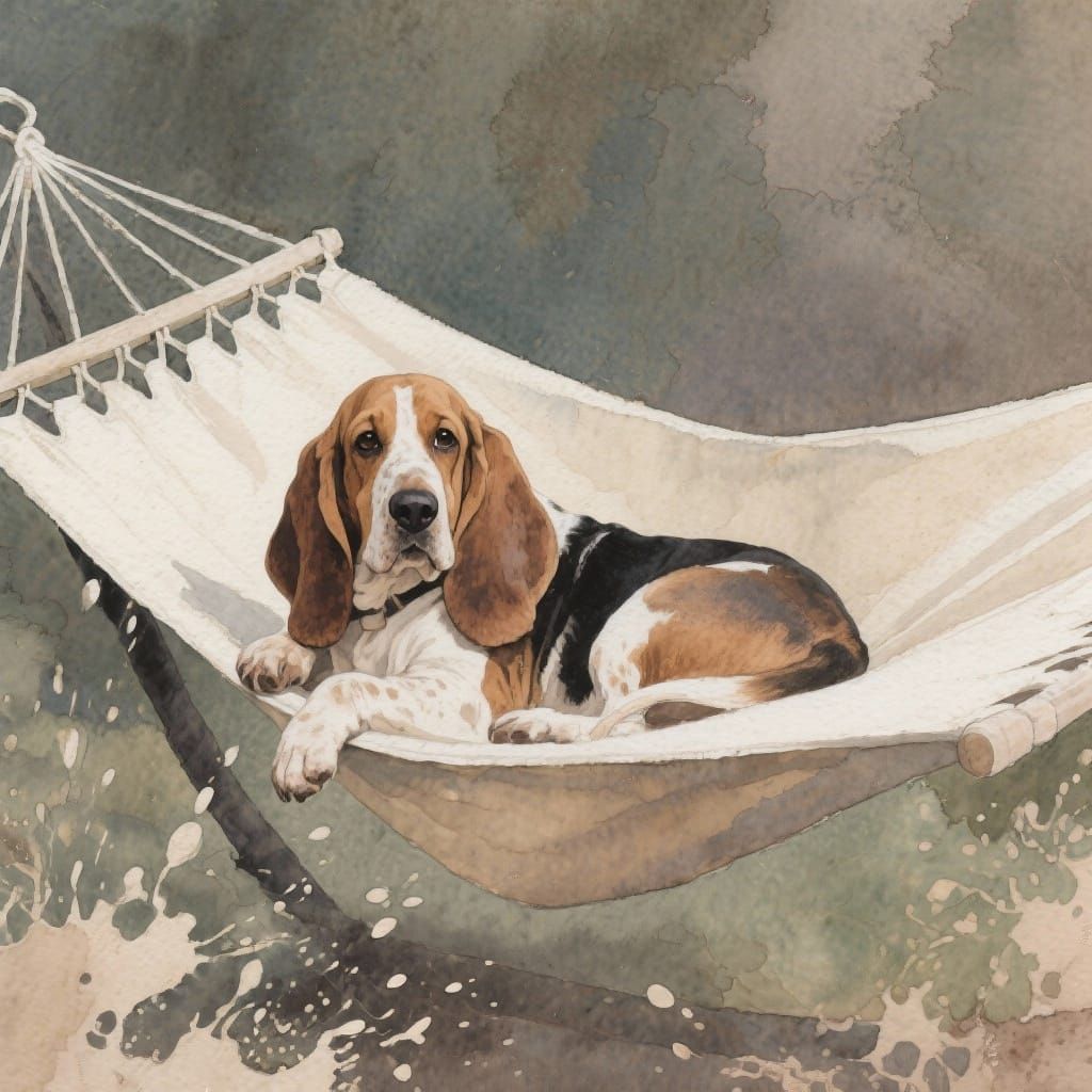 Basset Hound Lounging in Hammock in Muted Tones