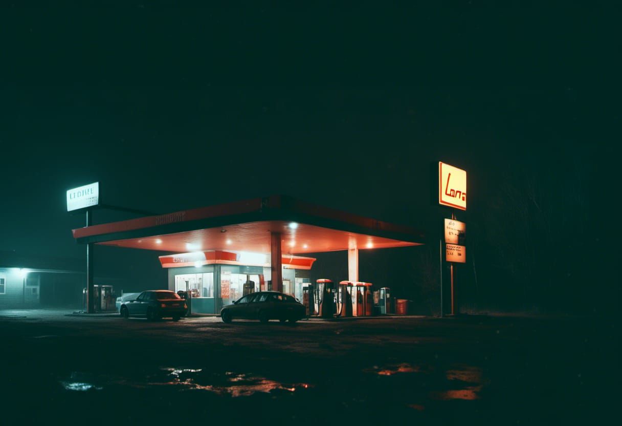 Ominous Gas Station at Night in Macabre Style