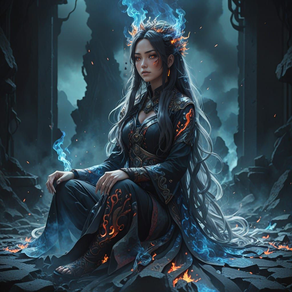 Surreal Anime Goddess Erupts from Fiery Lava Rock