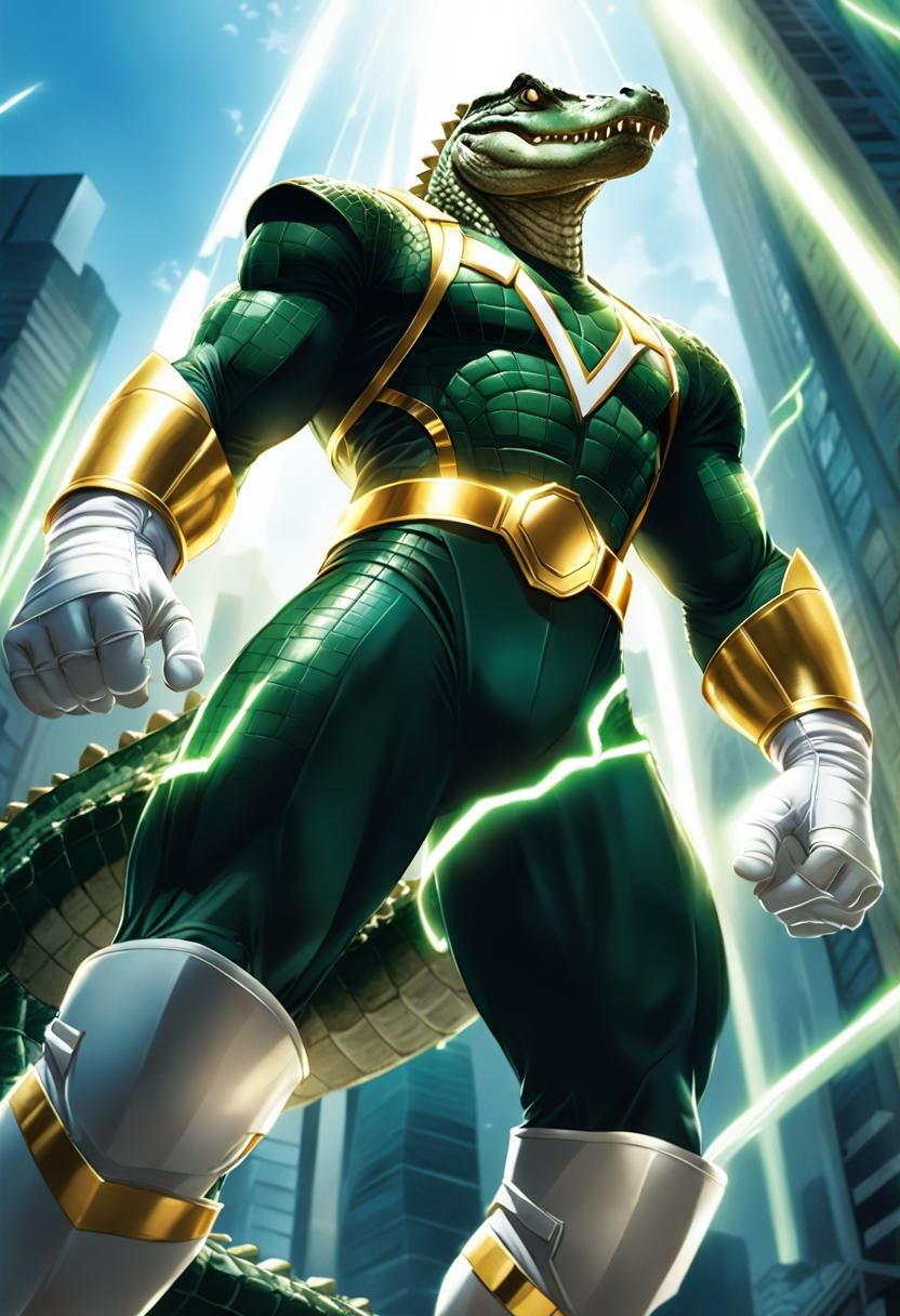 Giant Crocodile Superhero in Flooded City, Comic Art